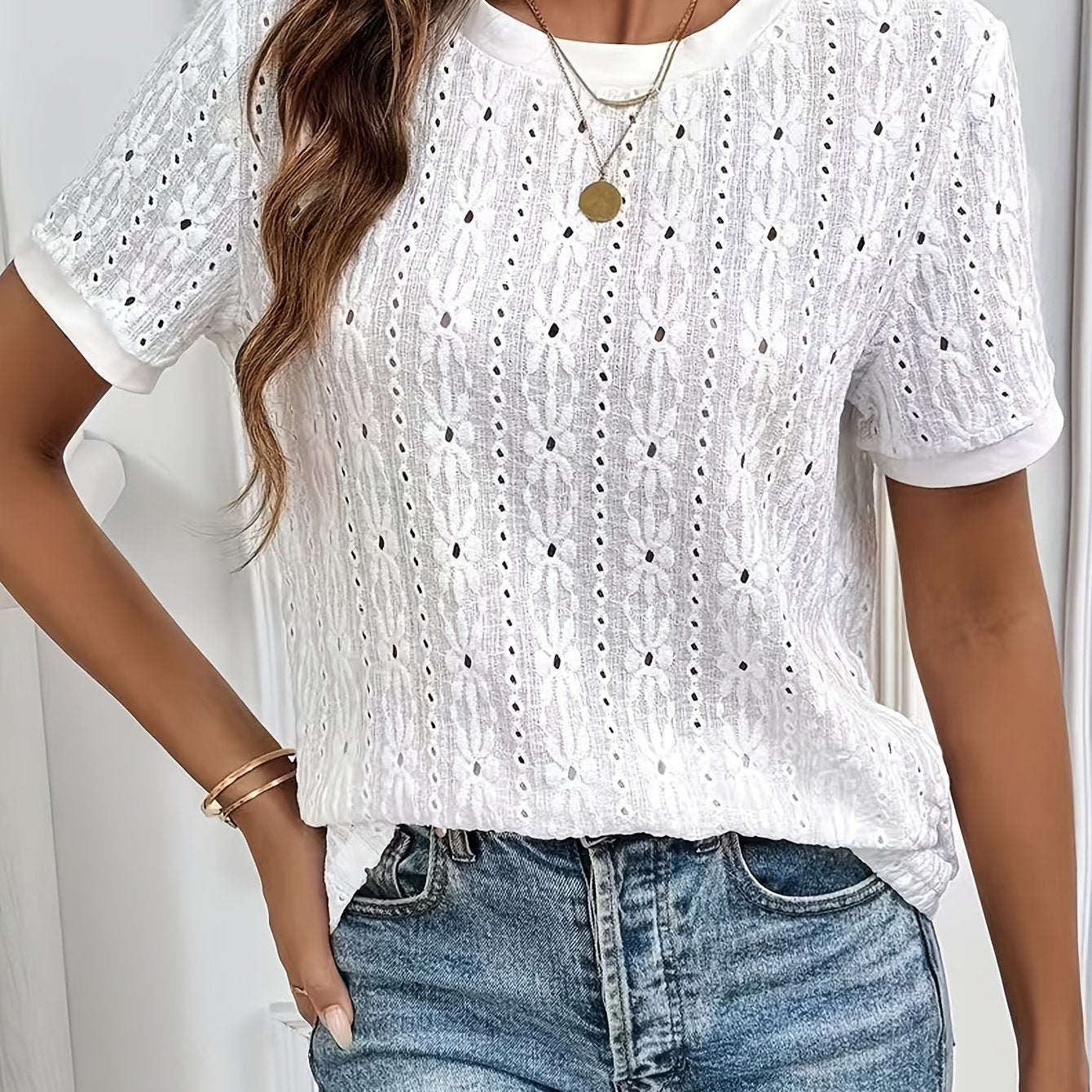Damen T-Shirt – Jacquard & Rundhals Kurzarm Minimalistisch
