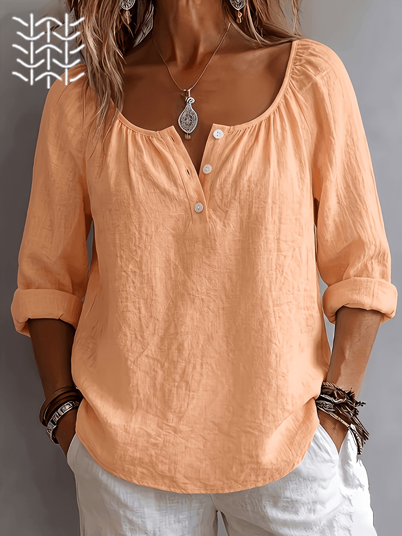 Damen Bluse – Leinenoptik & Eckiger Ausschnitt Locker Elegant