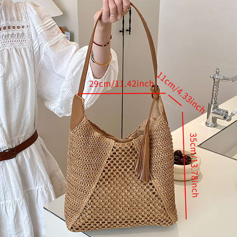 Boho Damen Tote Bag aus Stroh mit Viel Stauraum