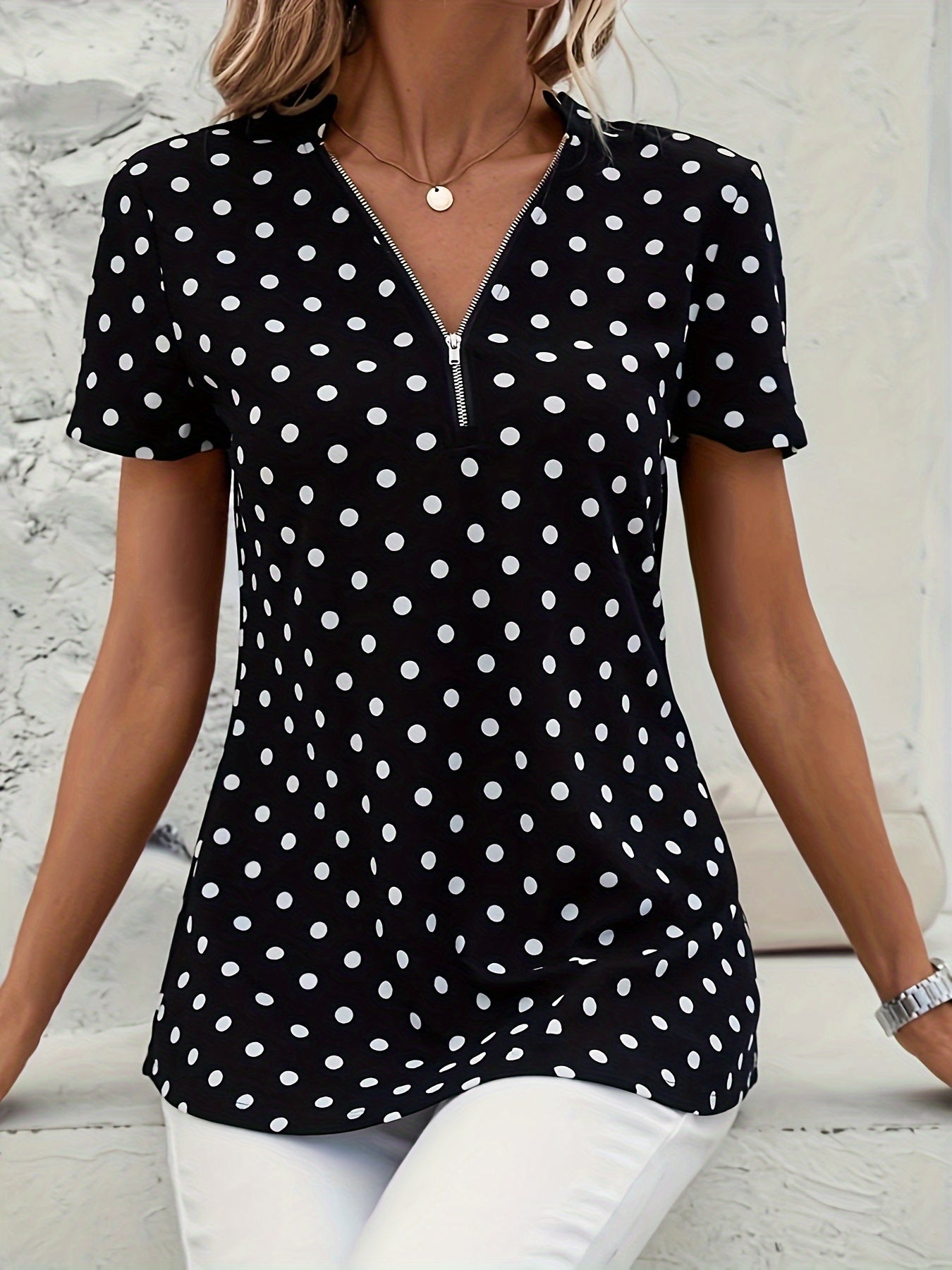 Damen Zip-Up Top mit Polka Dot Print