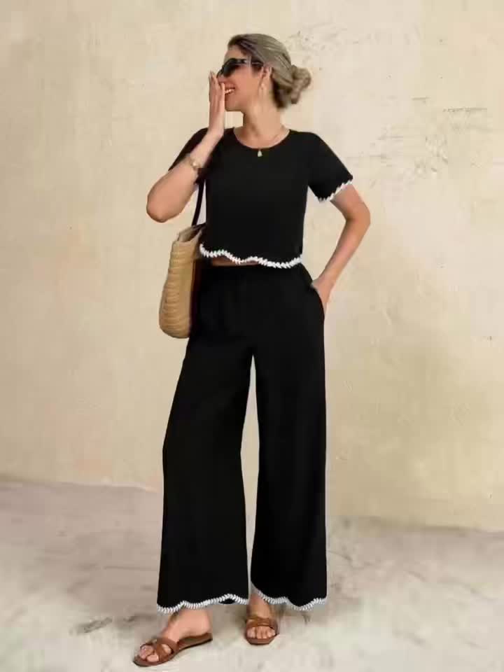 Damen Zweiteiliges Set mit Kontrastspitze und Hose