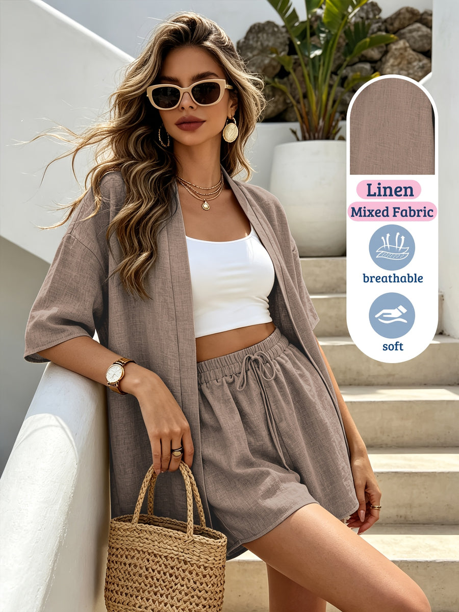 Damen Resort Set aus Leinenmix mit Cardigan und Shorts