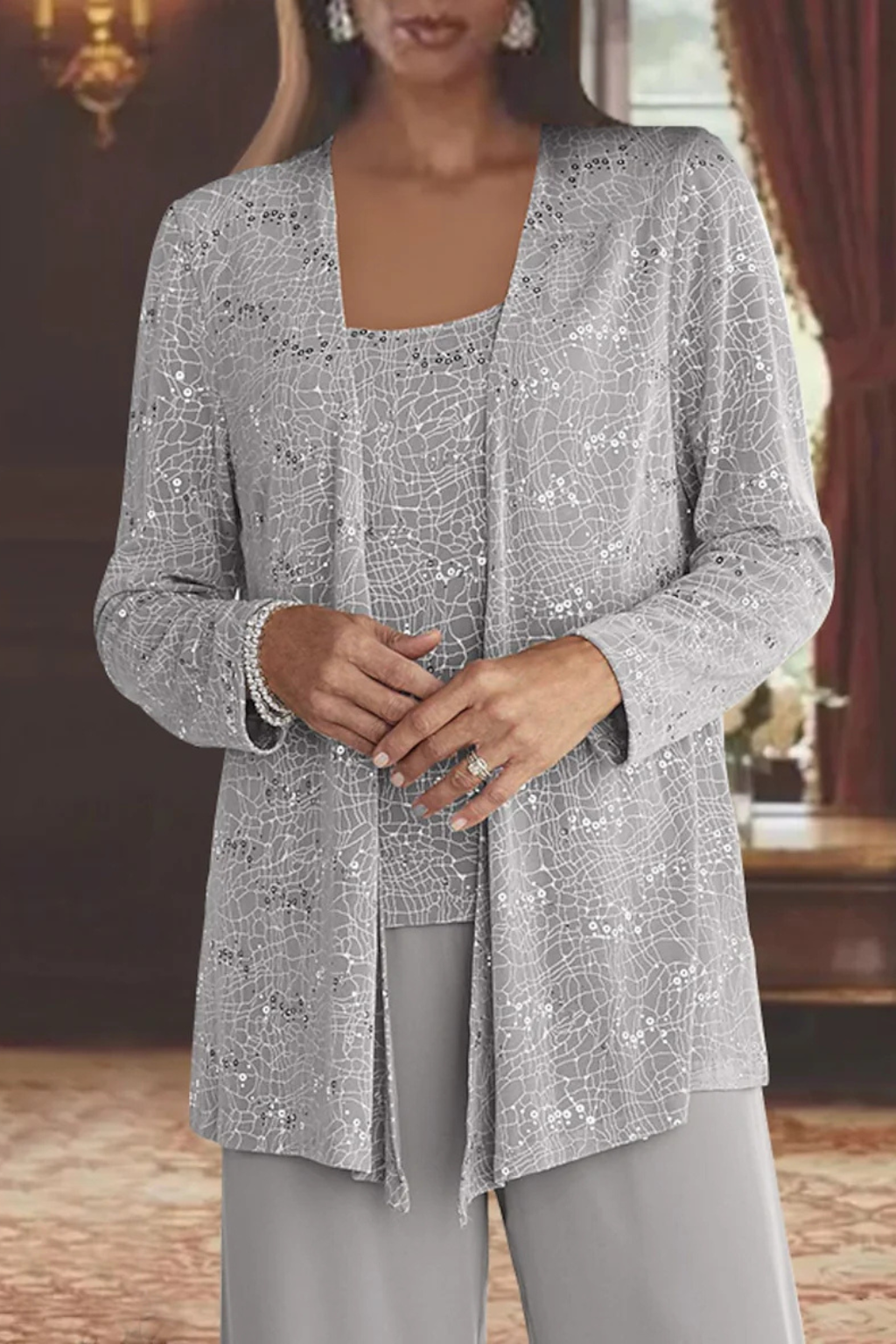 Miriam | Women Sequin Lace Jacket Three Piece Wide Leg Wedding Guest Trouser Suit