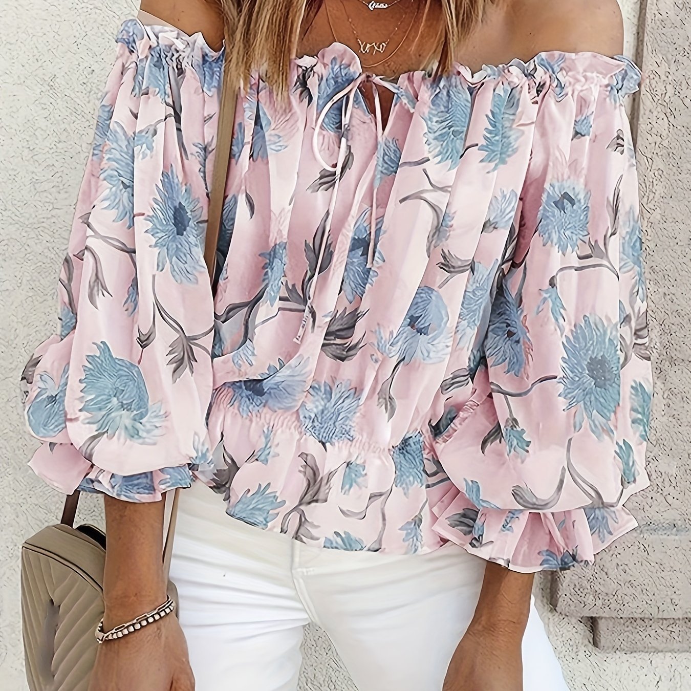 Damen One-Shoulder Chiffonbluse mit Laternenärmeln