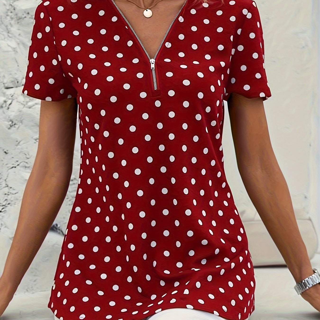 Damen Zip-Up Top mit Polka Dot Print