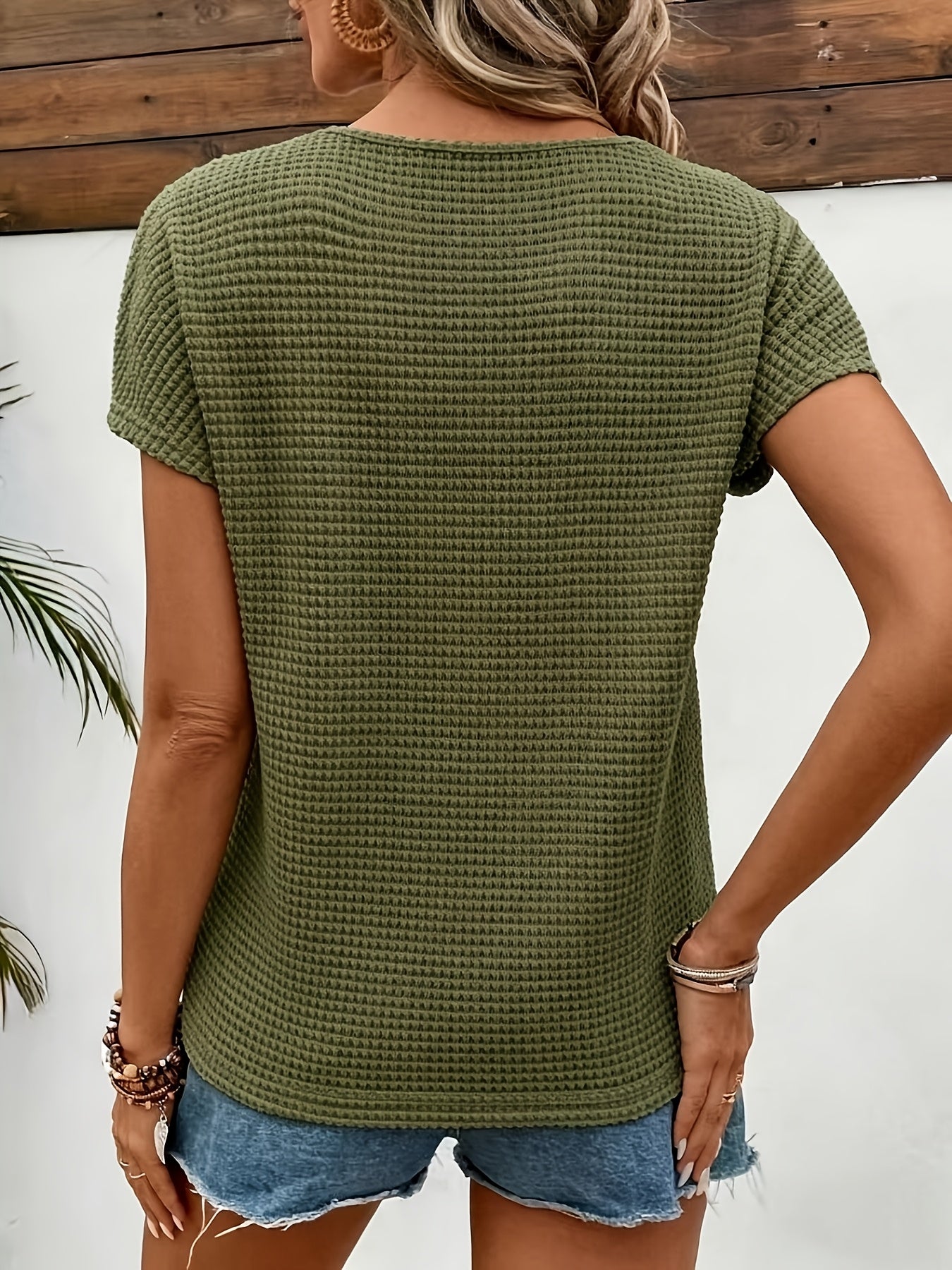 Damen T-Shirt – Spitze Off-Shoulder & Waffelstruktur Elegant