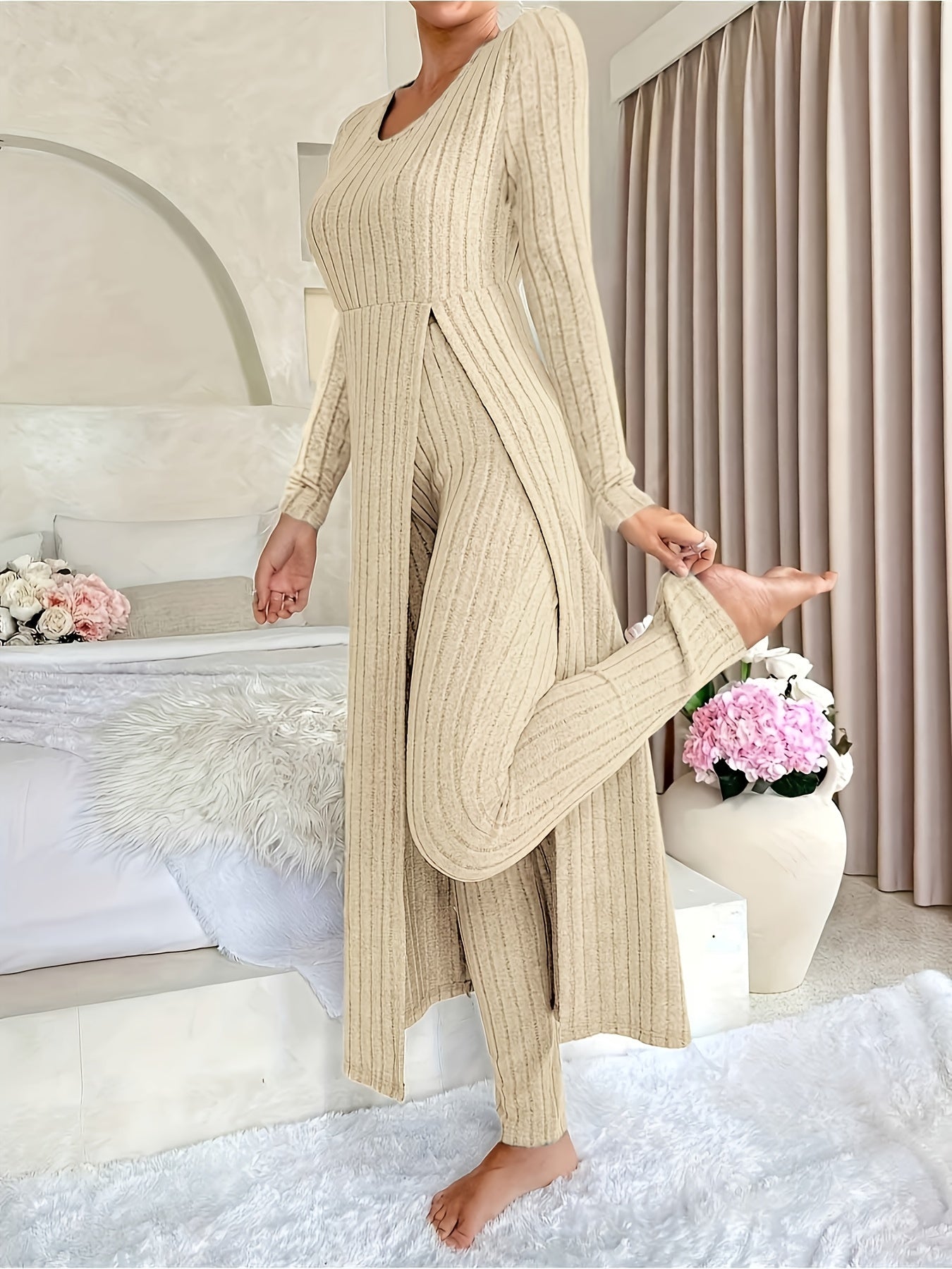 Damen Zweiteiliges Rippstrick-Set mit Langarm-Top und Hose
