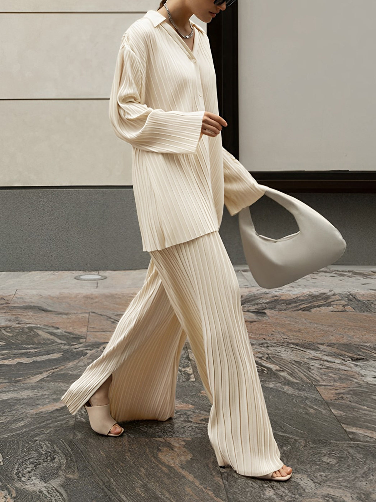 Ivory Damen Zweiteiliges Set – Geripptes Oversize Hemd & Weite Hose