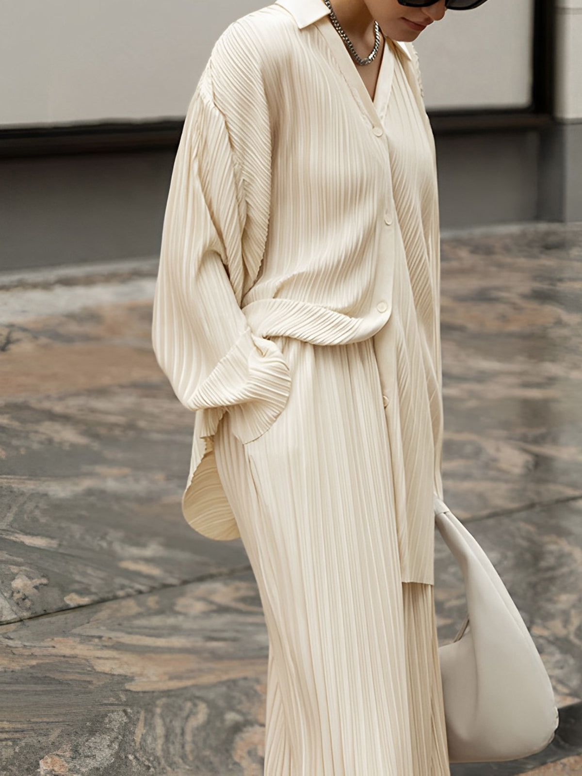 Ivory Damen Zweiteiliges Set – Geripptes Oversize Hemd & Weite Hose