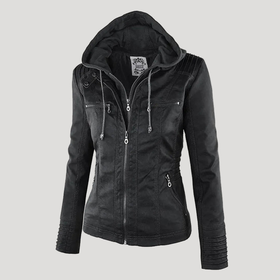 Damen Wetterfeste Lederlook-Jacke mit Kapuze