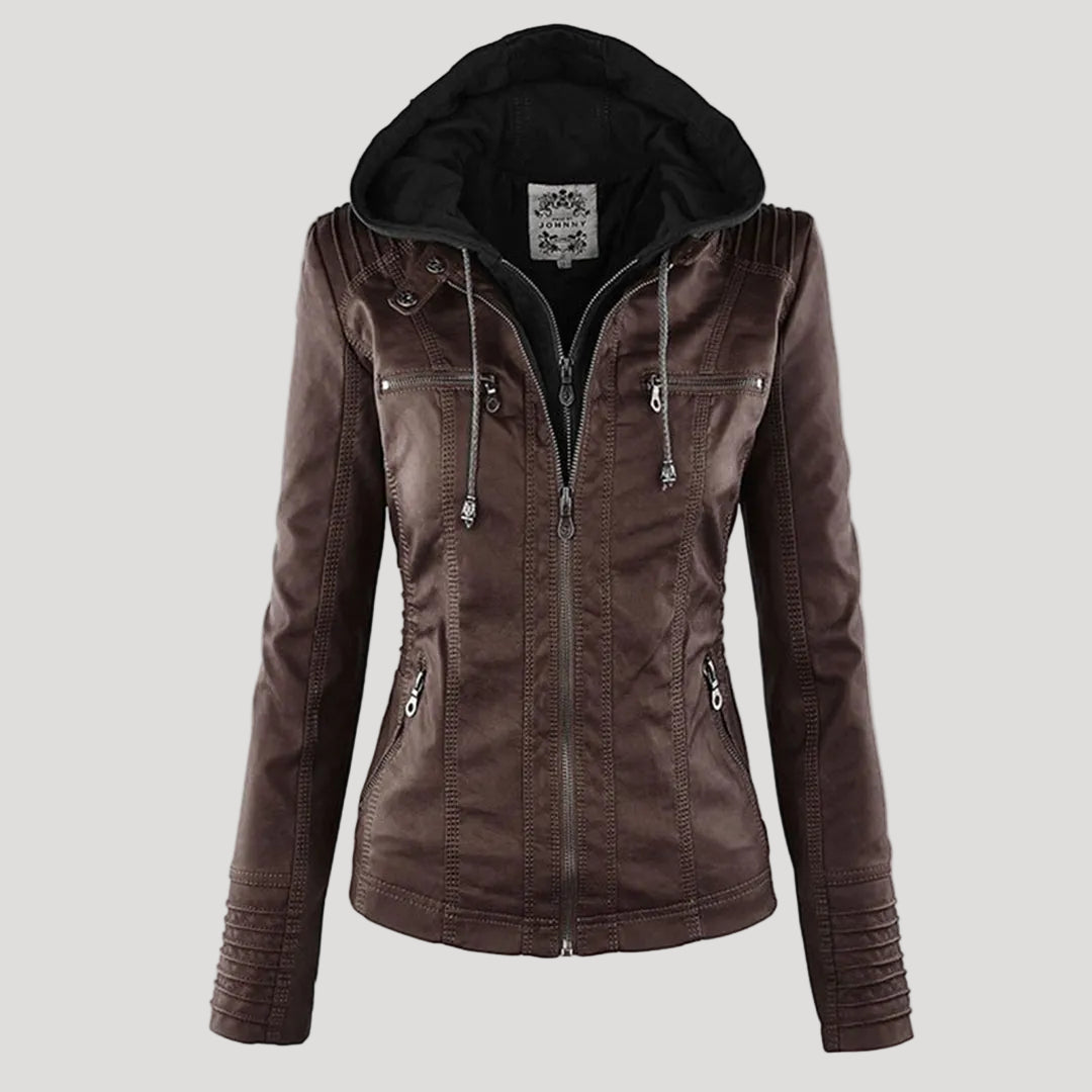 Damen Wetterfeste Lederlook-Jacke mit Kapuze