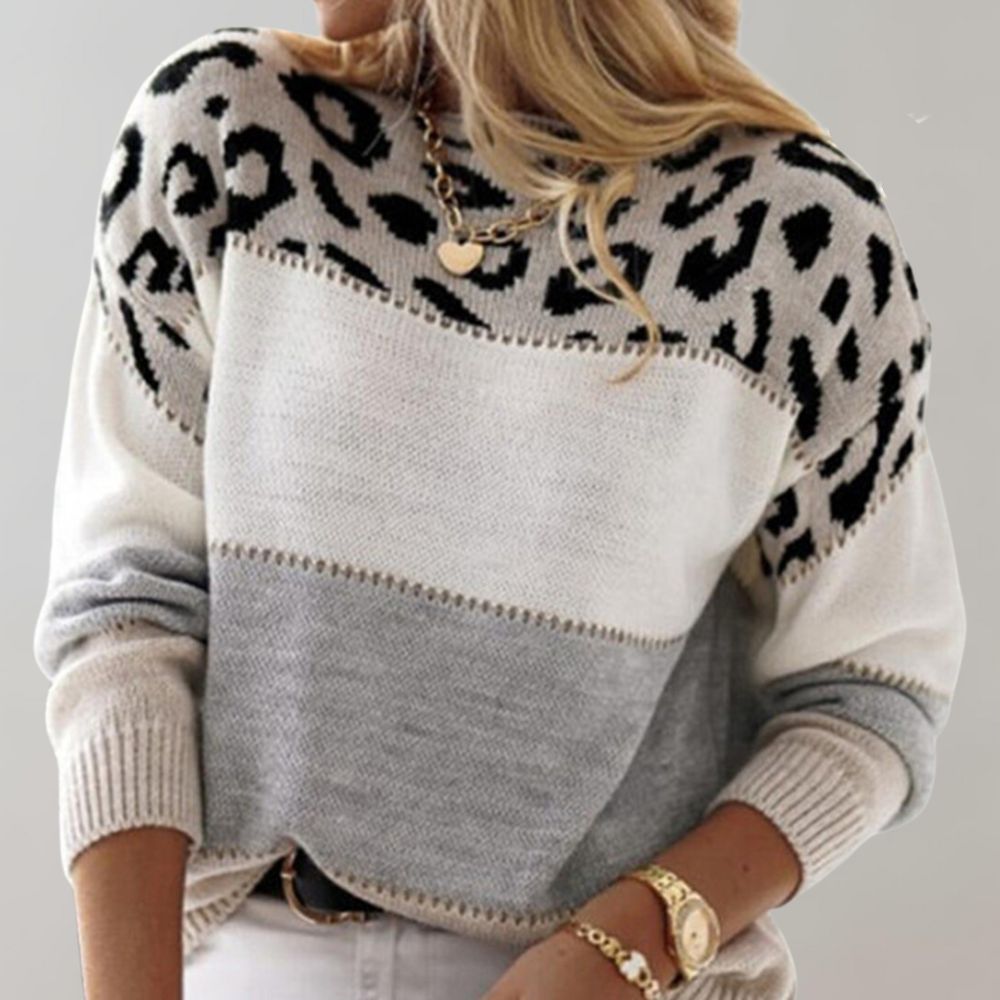 Damen Weicher Strickpullover mit Farbblock & Leopardenmuster