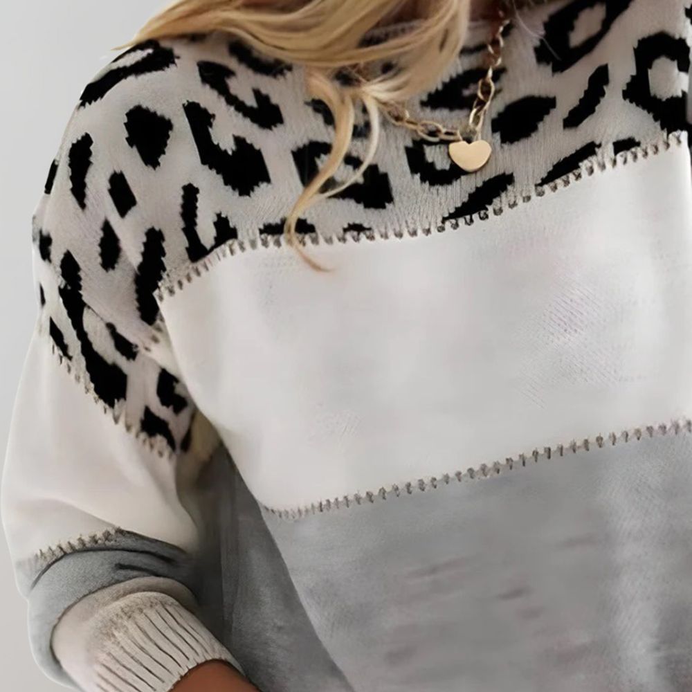 Damen Weicher Strickpullover mit Farbblock & Leopardenmuster