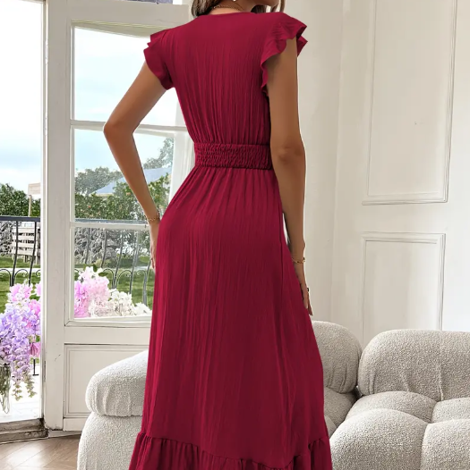 Damen V-Ausschnitt Midi Kleid mit Rüschen und gesmokter Taille Sommerkleid elegant