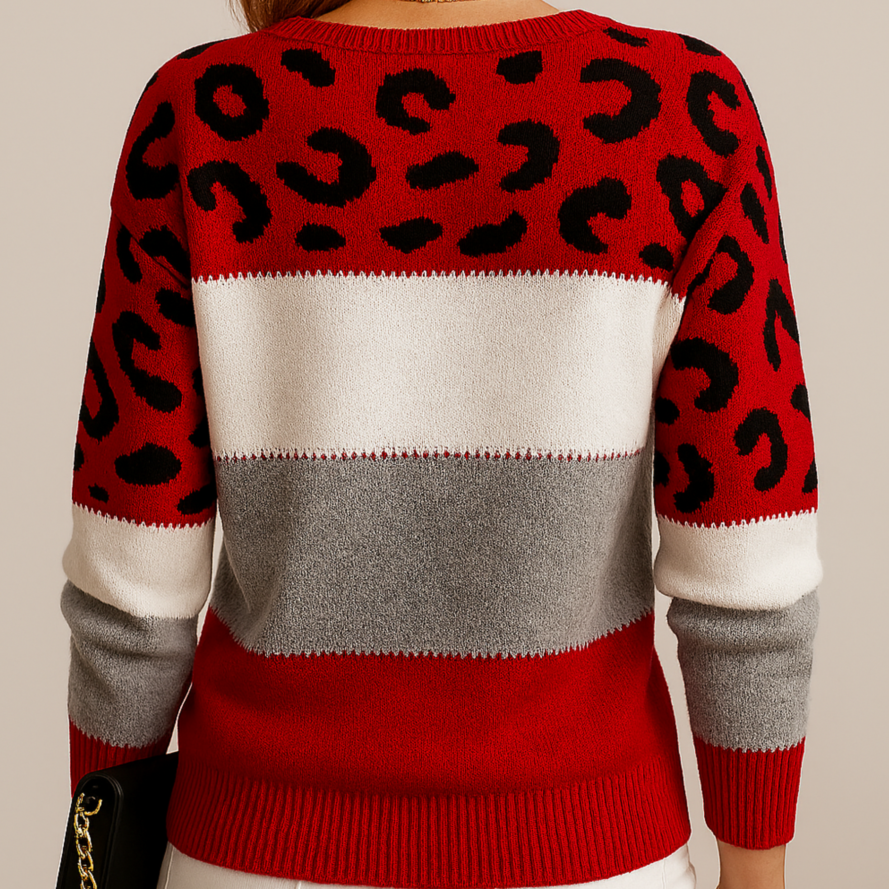 Damen Weicher Strickpullover mit Farbblock & Leopardenmuster