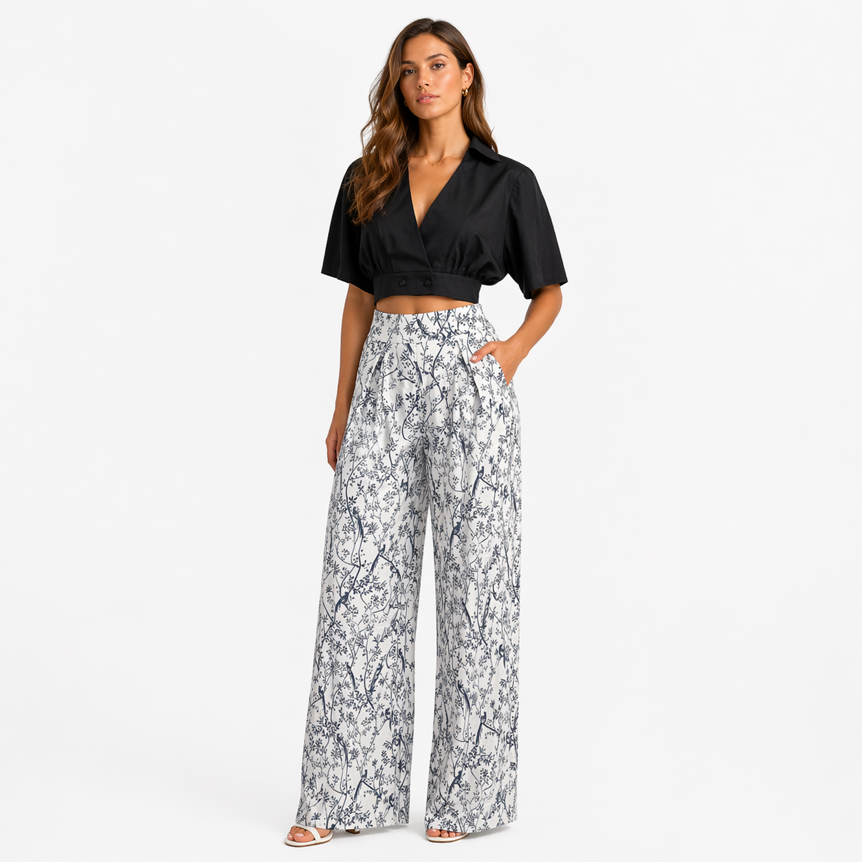 Carina Damen Satin Zweiteiler – Crop Top & Palazzo Hose Elegant Set