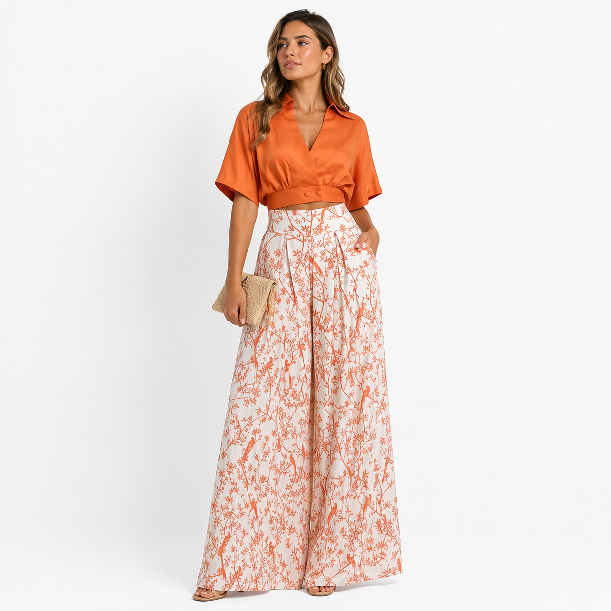 Carina Damen Satin Zweiteiler – Crop Top & Palazzo Hose Elegant Set