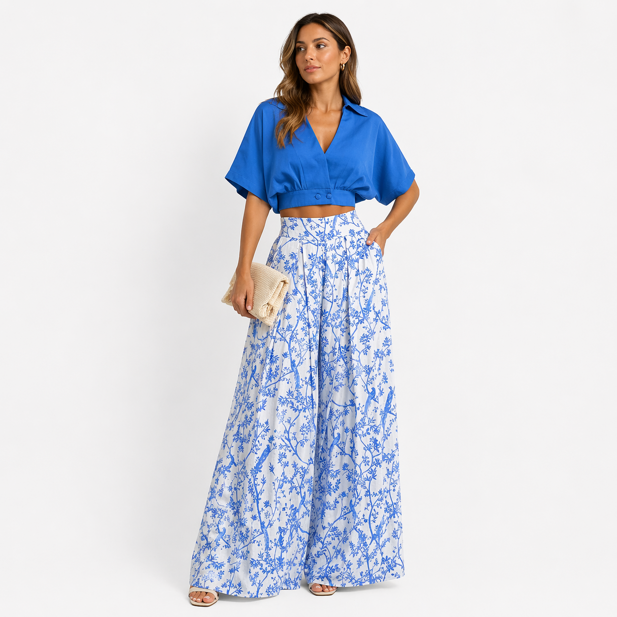 Carina Damen Satin Zweiteiler – Crop Top & Palazzo Hose Elegant Set