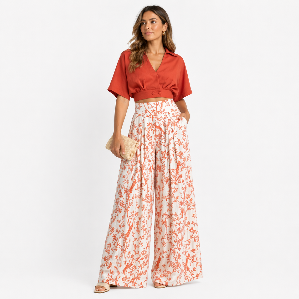 Carina Damen Satin Zweiteiler – Crop Top & Palazzo Hose Elegant Set