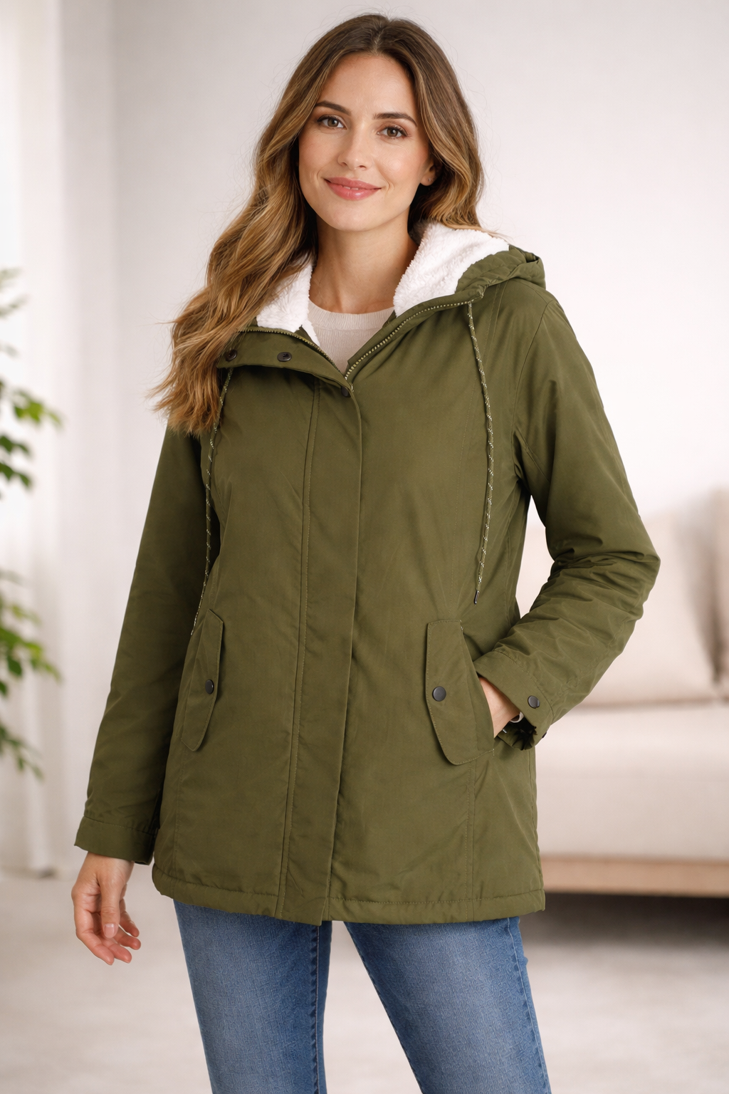 Damen Lange Winterjacke mit Kapuze und Warmem Futter