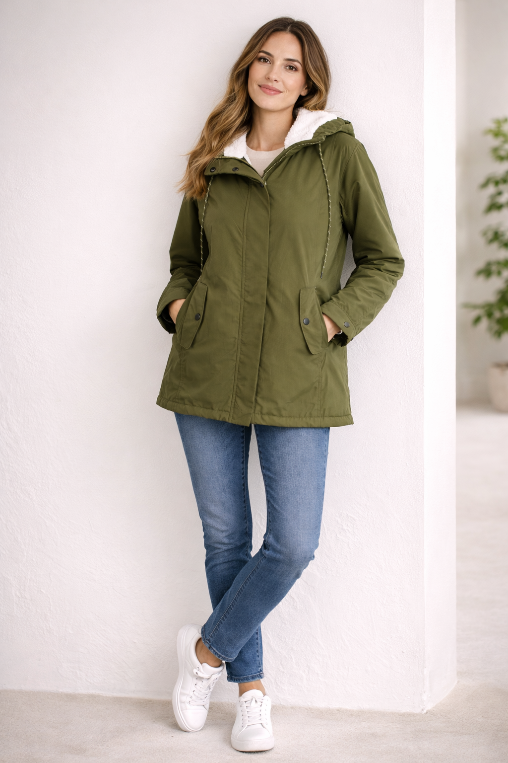 Damen Lange Winterjacke mit Kapuze und Warmem Futter