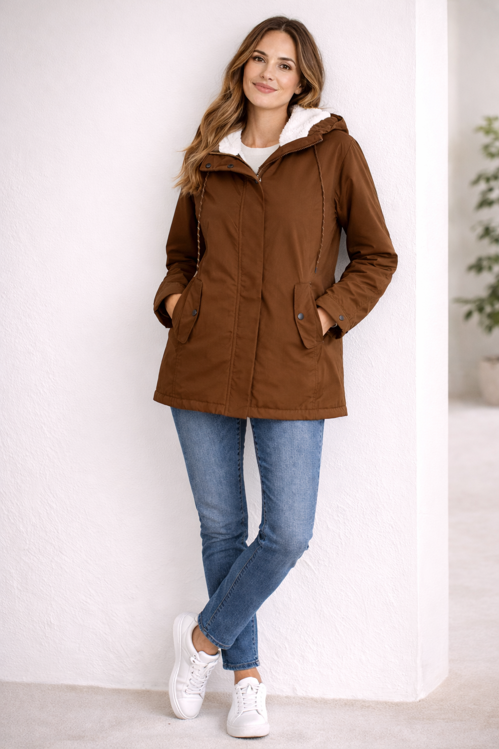 Damen Lange Winterjacke mit Kapuze und Warmem Futter