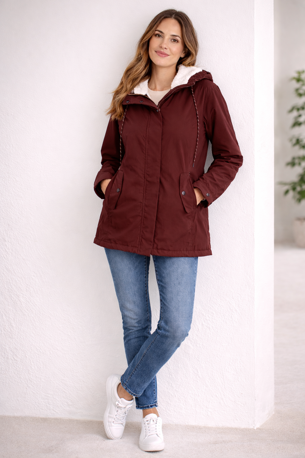 Damen Lange Winterjacke mit Kapuze und Warmem Futter
