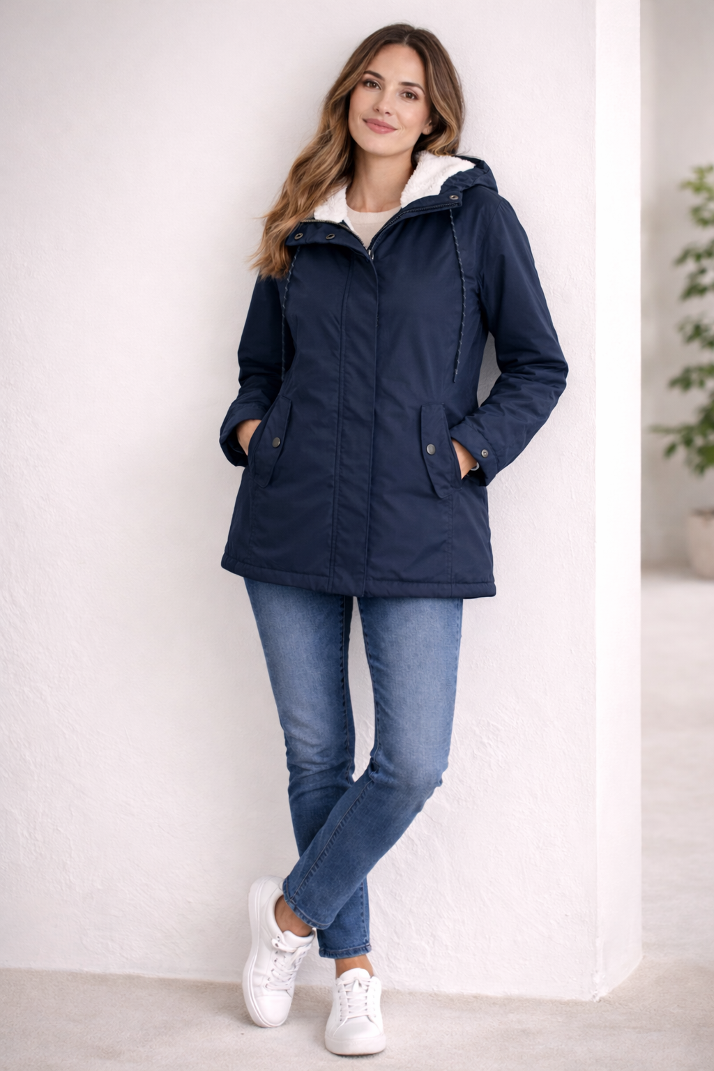 Damen Lange Winterjacke mit Kapuze und Warmem Futter