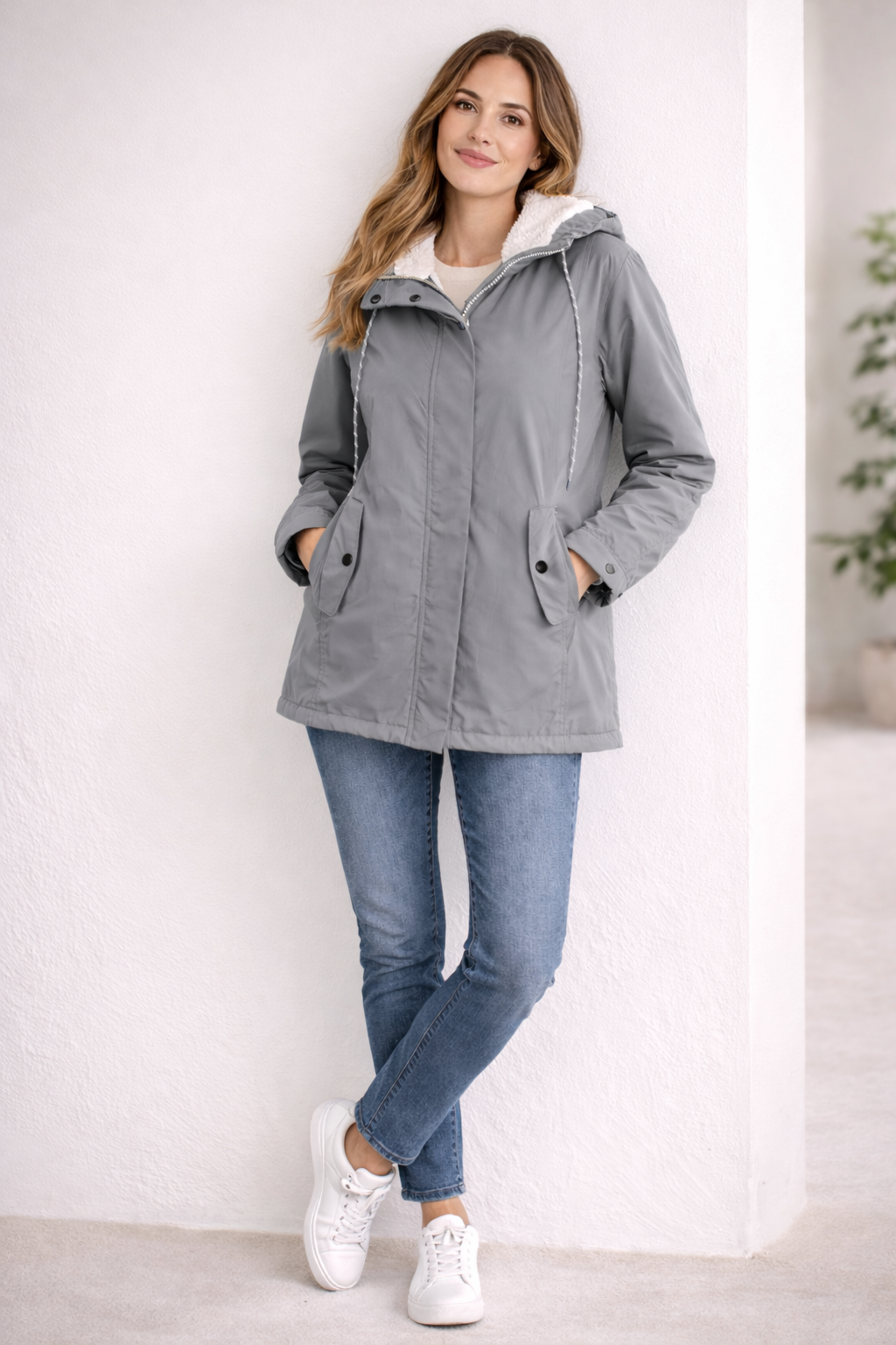 Damen Lange Winterjacke mit Kapuze und Warmem Futter