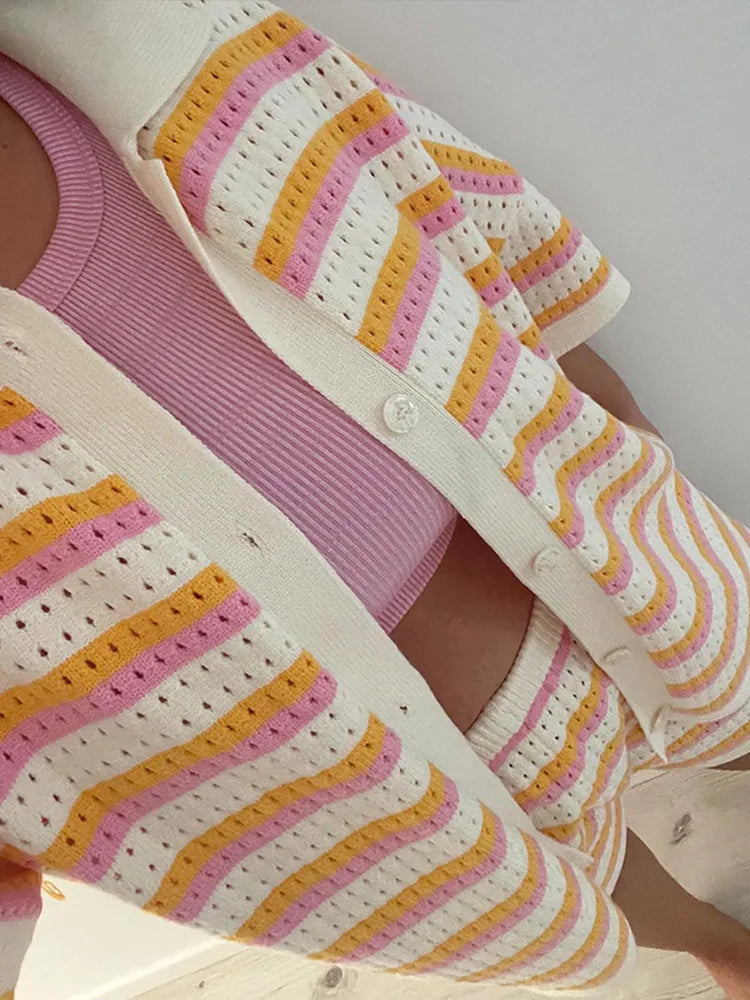 Damen 2-teiliges Strickset mit Kontraststreifen