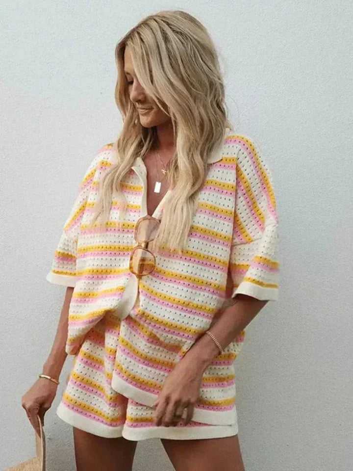 Damen 2-teiliges Strickset mit Kontraststreifen