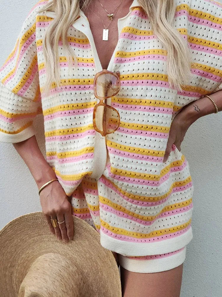 Damen 2-teiliges Strickset mit Kontraststreifen