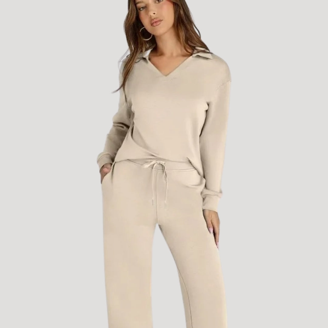 Damen Strick Loungewear Set – V-Ausschnitt Top & Hose