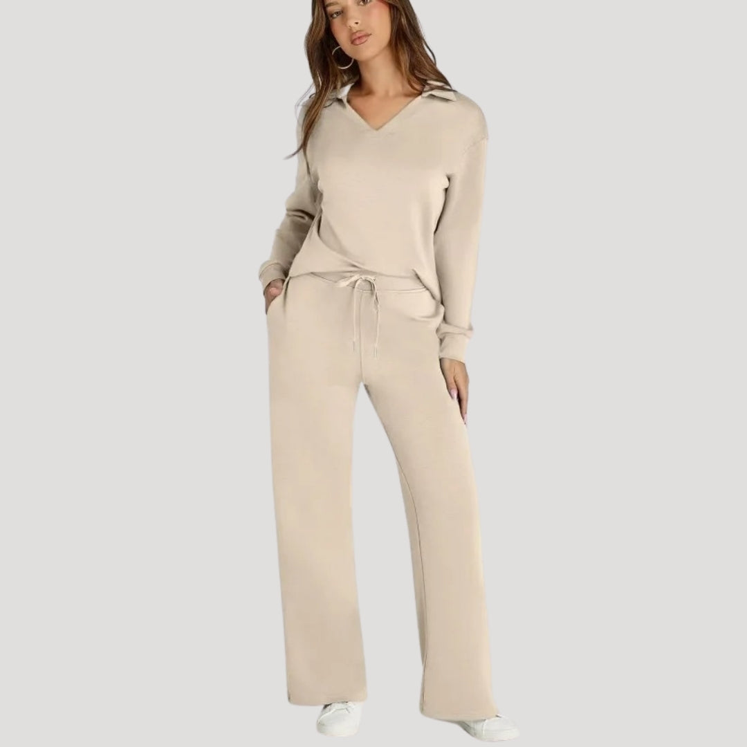 Damen Strick Loungewear Set – V-Ausschnitt Top & Hose