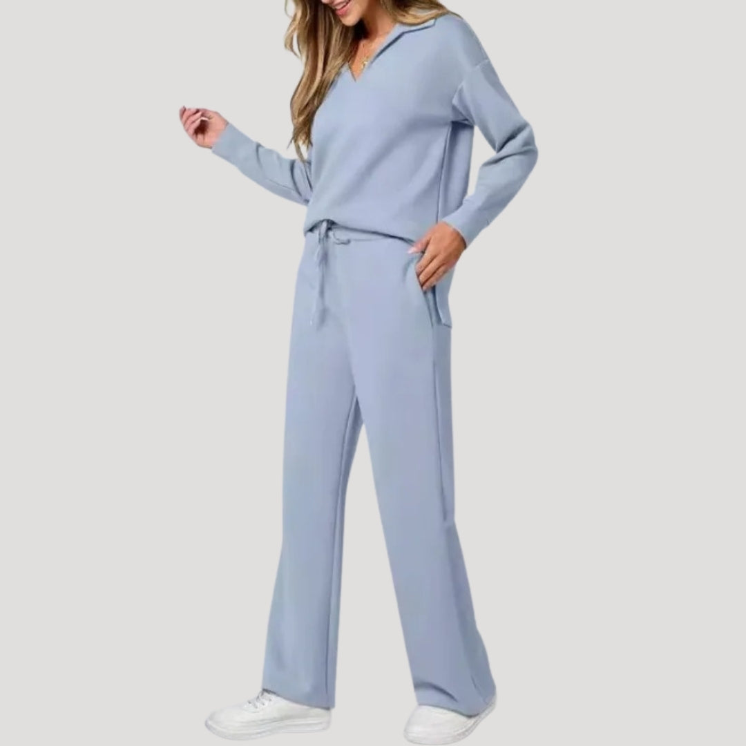 Damen Strick Loungewear Set – V-Ausschnitt Top & Hose