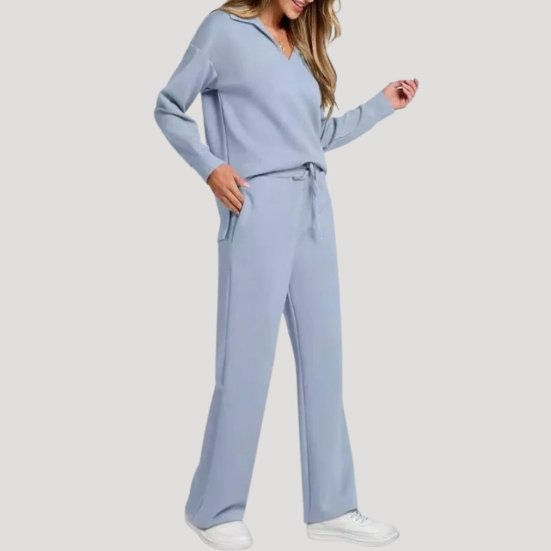 Damen Strick Loungewear Set – V-Ausschnitt Top & Hose