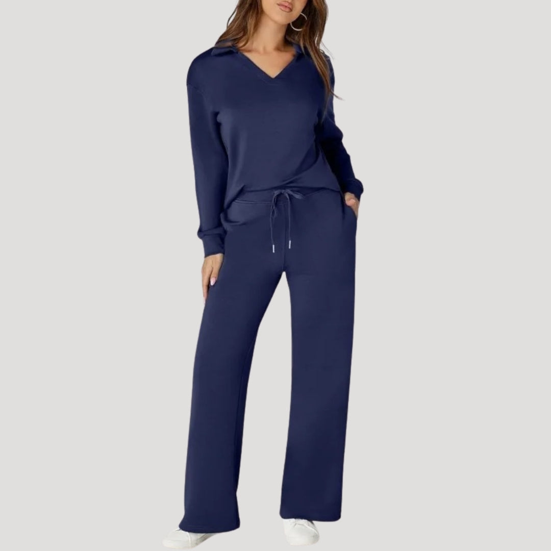 Damen Strick Loungewear Set – V-Ausschnitt Top & Hose