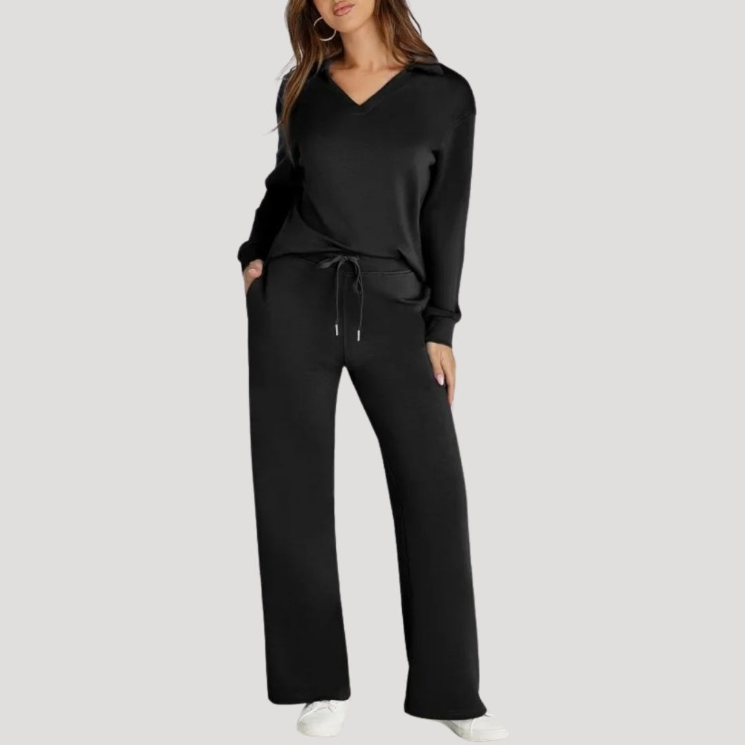 Damen Strick Loungewear Set – V-Ausschnitt Top & Hose
