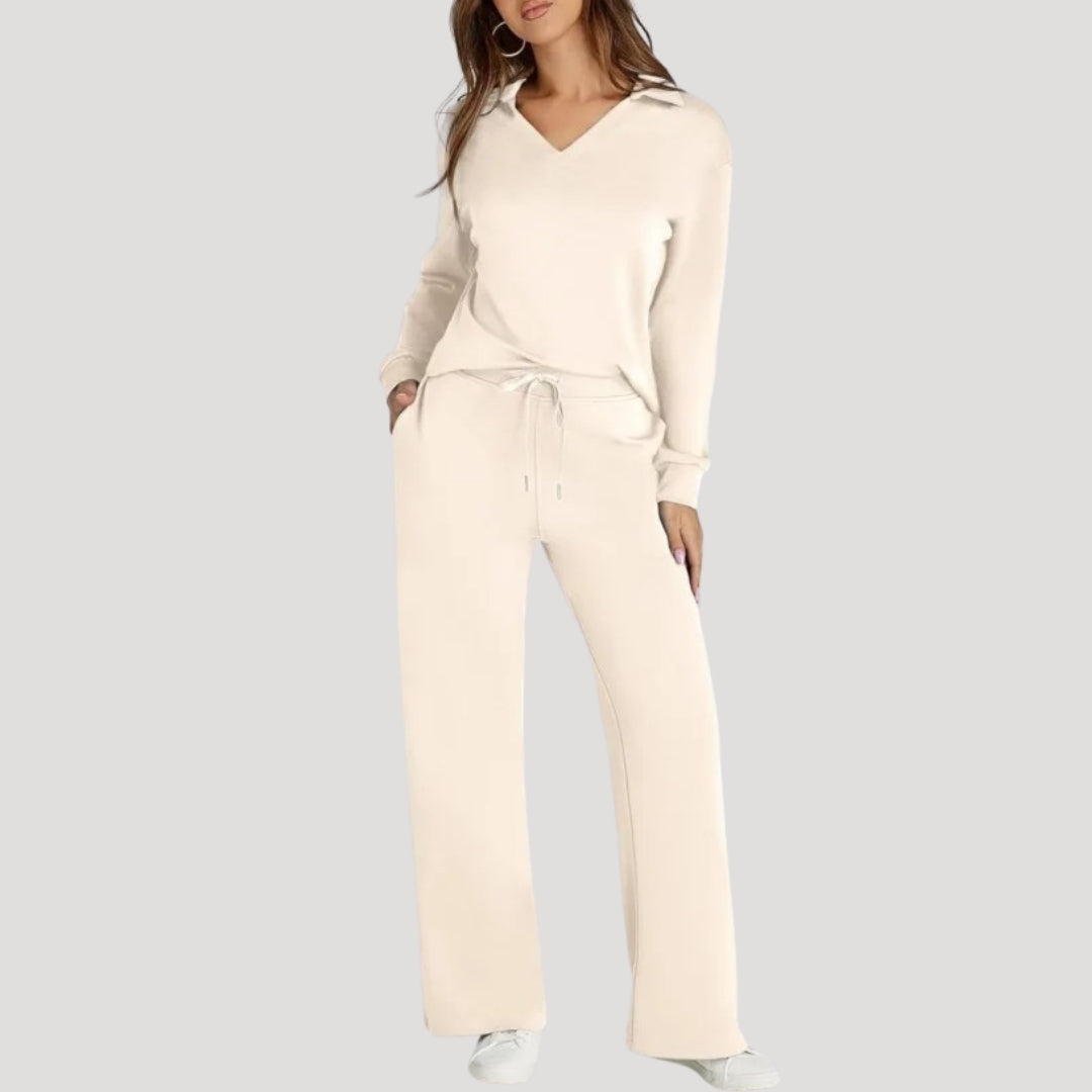 Damen Strick Loungewear Set – V-Ausschnitt Top & Hose