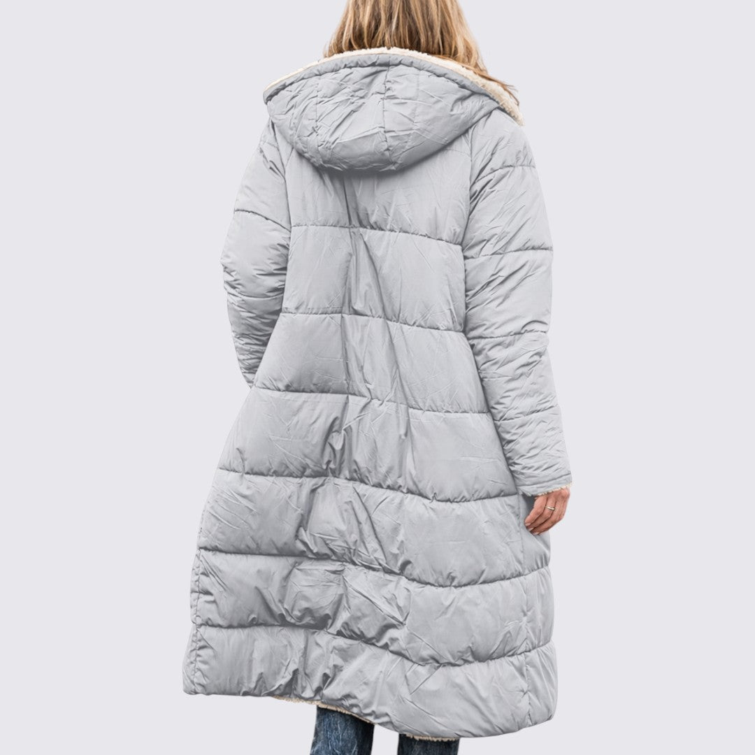 Damen Gesteppter Mantel mit Kapuze – Warm Gefüttert – Langer Schnitt