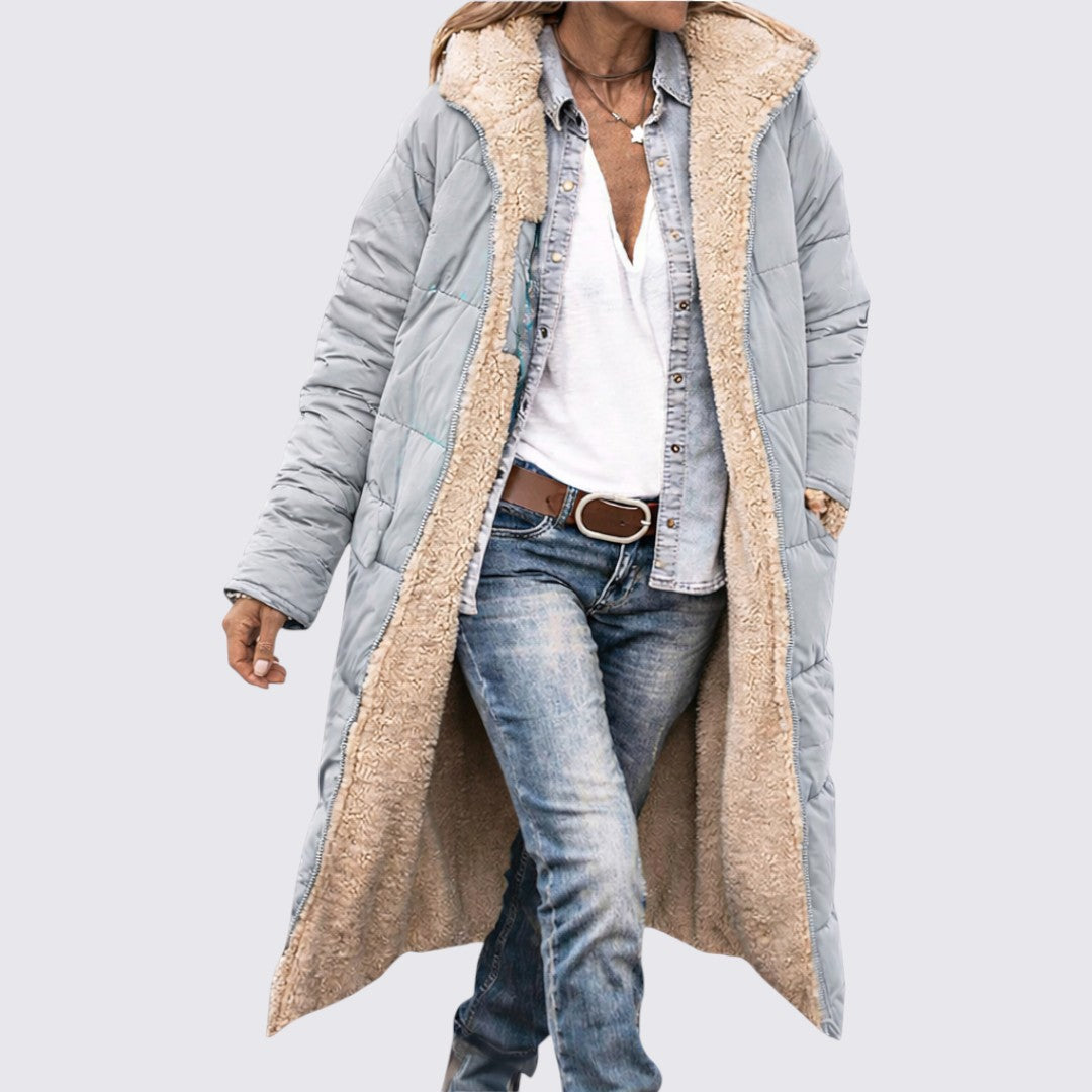 Damen Gesteppter Mantel mit Kapuze – Warm Gefüttert – Langer Schnitt