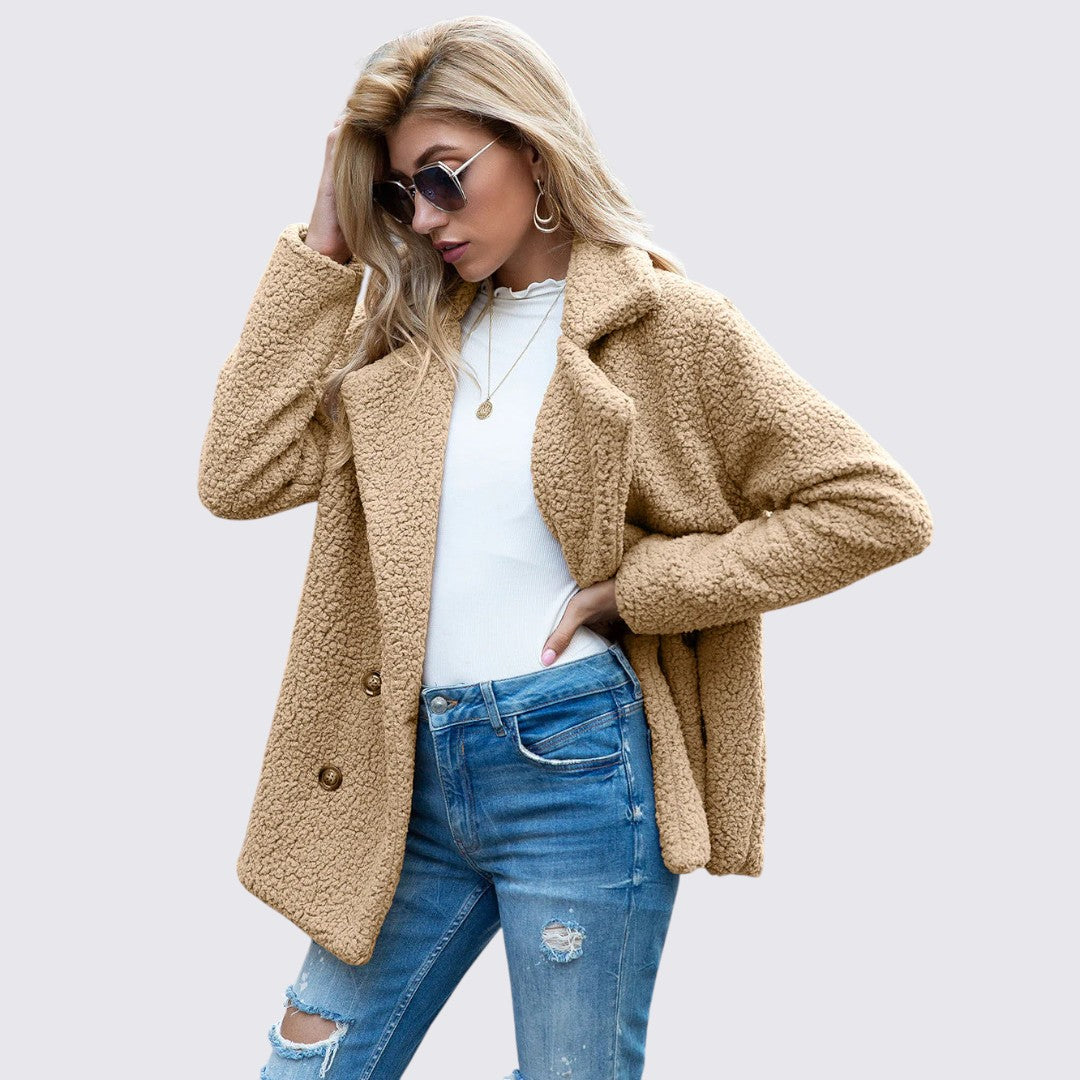 Damen Teddy Mantel mit Knopfleiste - Winter Mantel - Kuschelig