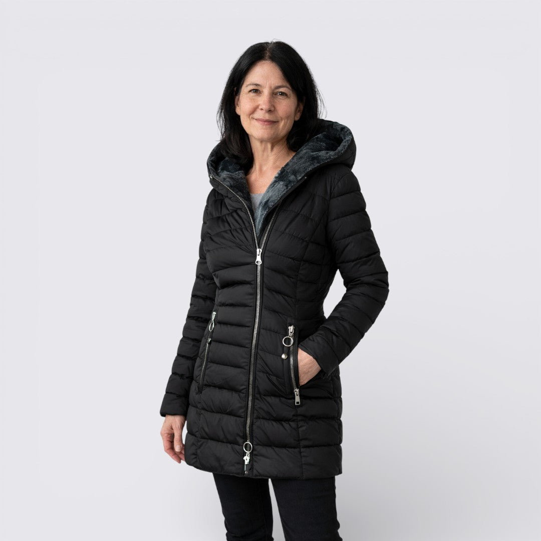 Damen Winterjacke mit Kapuze – Gefütterte Jacke – Lang Geschnitten