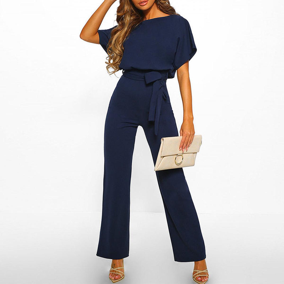 Damen Kurzarm-Jumpsuit mit Gürtel für Alltag & Freizeit
