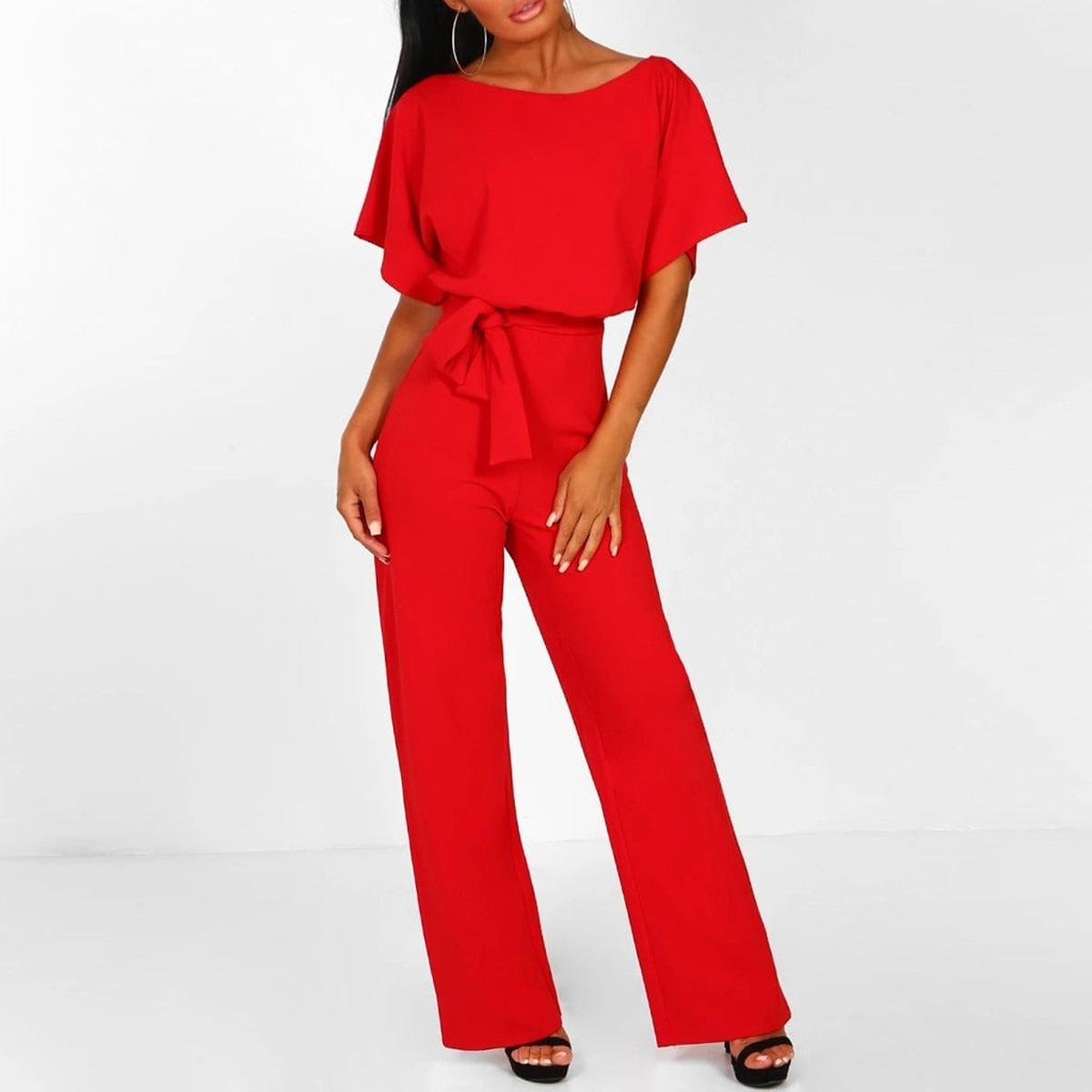 Damen Kurzarm-Jumpsuit mit Gürtel für Alltag & Freizeit