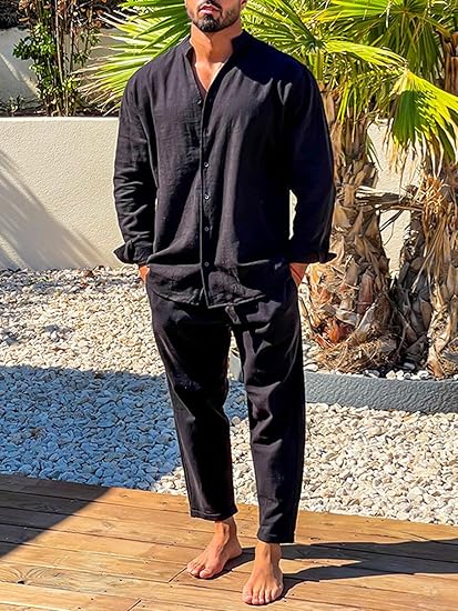 Herren Leinen Set – Hemd mit Stehkragen & Hose Lässig