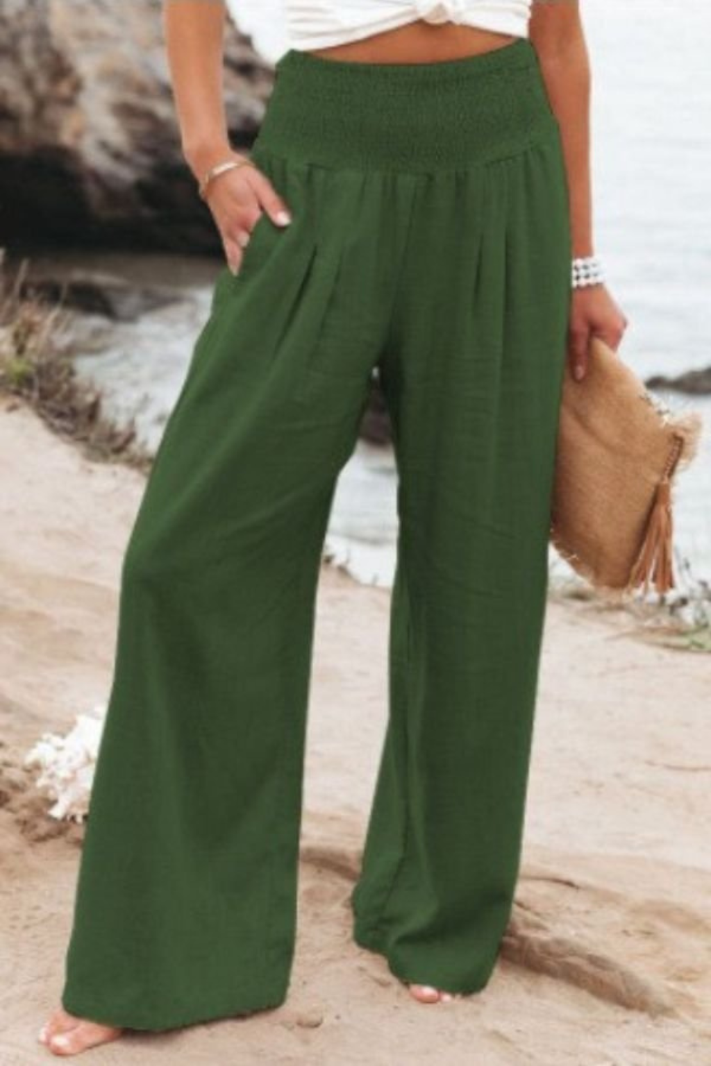 Theodora Damen Leinenhose – Weites Bein & Gesmokter Elastischer Bund