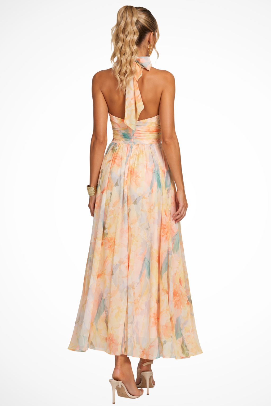 Marigold Damen Maxikleid – Halterneck Floral Chiffon Elegant