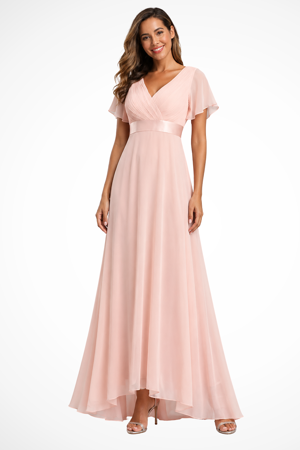 Georgiana Damen Maxikleid – Chiffon V-Ausschnitt & Volantärmel Elegant