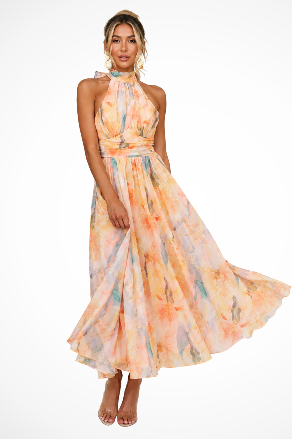 Marigold Damen Maxikleid – Halterneck Floral Chiffon Elegant